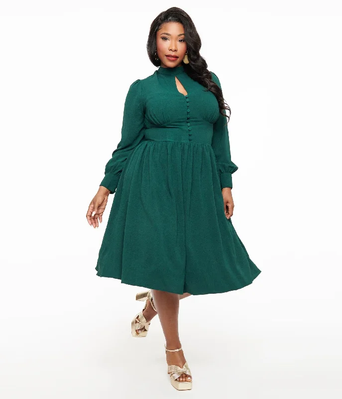 mesh sleeve dress-Unique Vintage Plus Size 1970s Hunter Green Keyhole Swing Dress