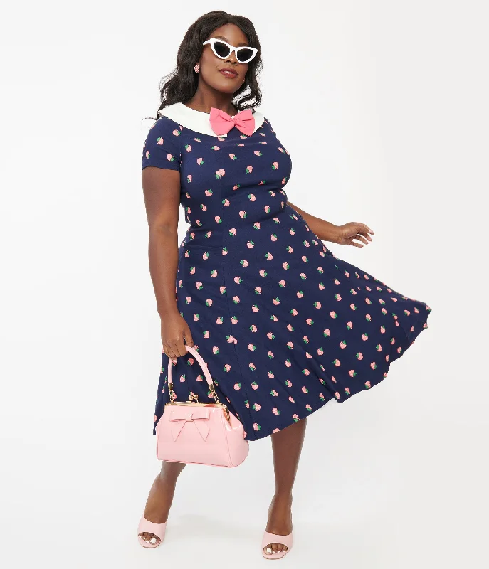 structured party dress-Unique Vintage Plus Size Navy & Pink Strawberry Print Eloise Swing Dress