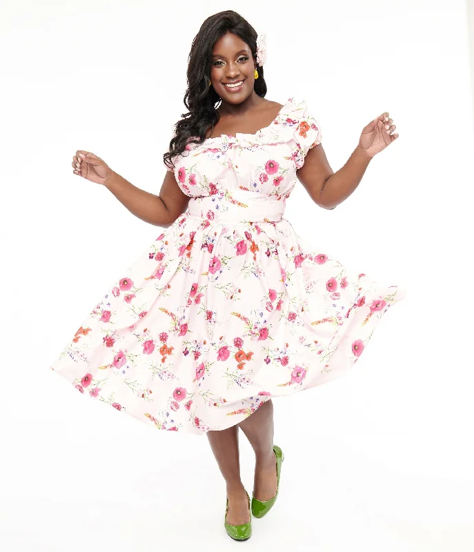 tartan shirt dress-Unique Vintage Plus Size 1950s Pink Floral Off The Shoulder Ruffle Swing Dress