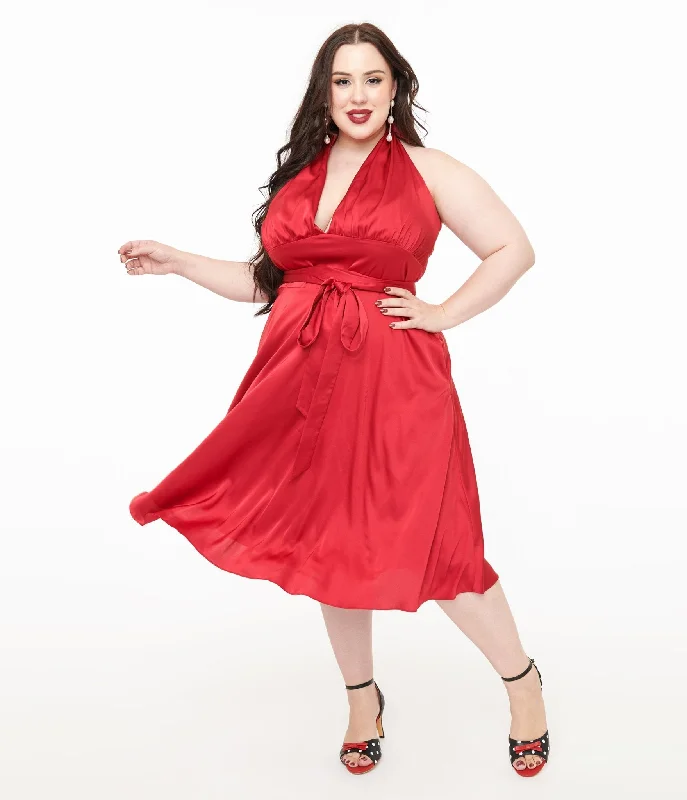 violet sundress-Unique Vintage Plus Size Red Satin Halter Swing Dress