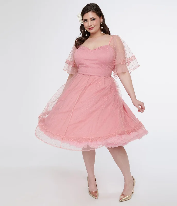 voluminous prom dress-Unique Vintage Plus Size 1950s Rose Ruffle Sweetheart Swing Dress