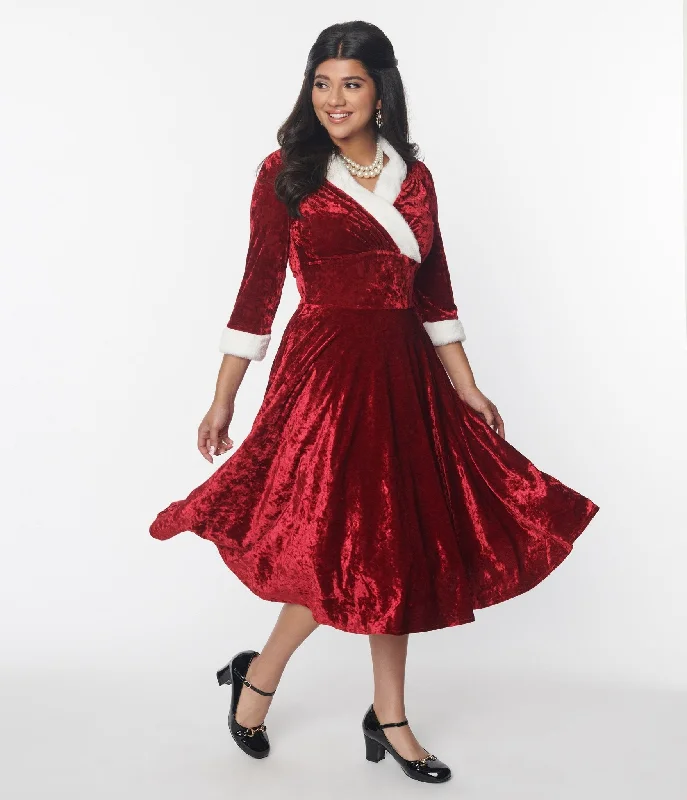 mock neck evening dress-Unique Vintage Red Crushed Velvet & Ivory Fur Delores Swing Dress