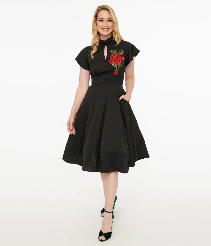 faux leather midi dress-Unique Vintage 1940s Black & Red Poinsettia Baltimore Swing Dress