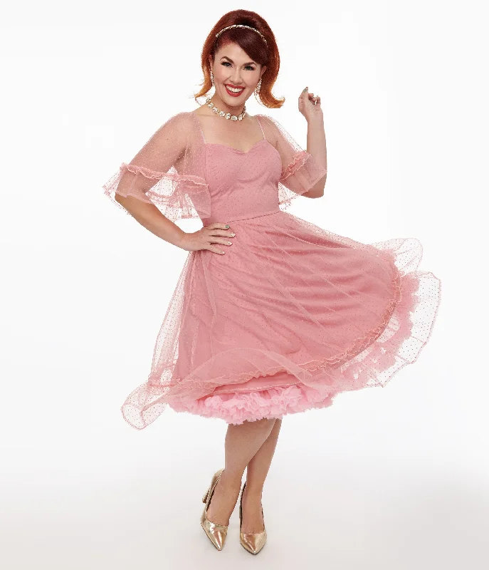 delicate midi dress-Unique Vintage 1950s Rose Ruffle Sweetheart Swing Dress