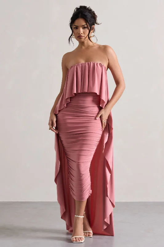 cut-out shoulder dress-Upon A Time | Blush Ruched Bandeau Midi Dress With Cape