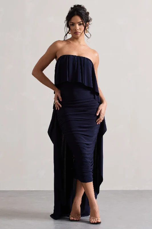 breezy beach dress-Upon A Time | Navy Ruched Bandeau Midi Dress With Cape