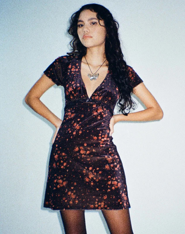 voluminous cocktail dress-Vania Mini Dress in Rose Cluster Velvet