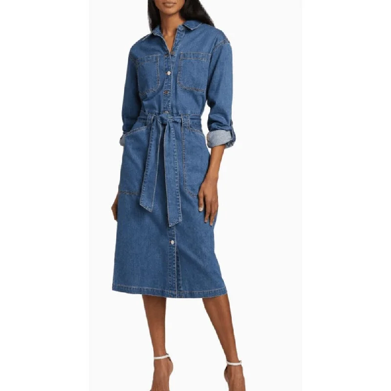 chevron maxi dress-Veronica Beard Women's Evelyn Denim Belted Midi Dress, Cornflower