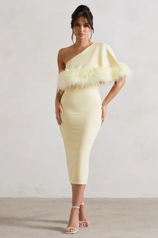 cut-out sundress-Victory | Lemon One Shoulder Midi Dress With Feather Trim