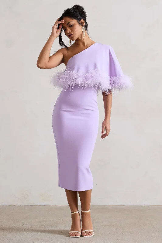 single strap maxi dress-Victory | Lilac One Shoulder Midi Dress With Feather Trim