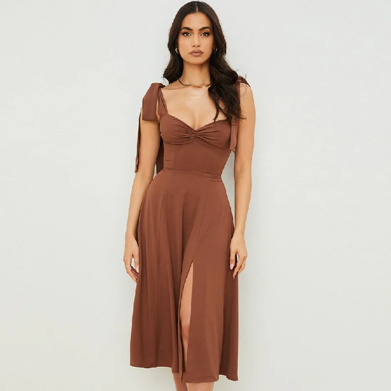 scalloped mini dress-Vintage Bow Tie Fit & Flare High Slit Midi Sundress - Coffee