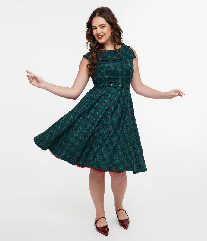 puffed sleeve prom dress-Voodoo Vixen 1950s Green Check Fit & Flare Dress