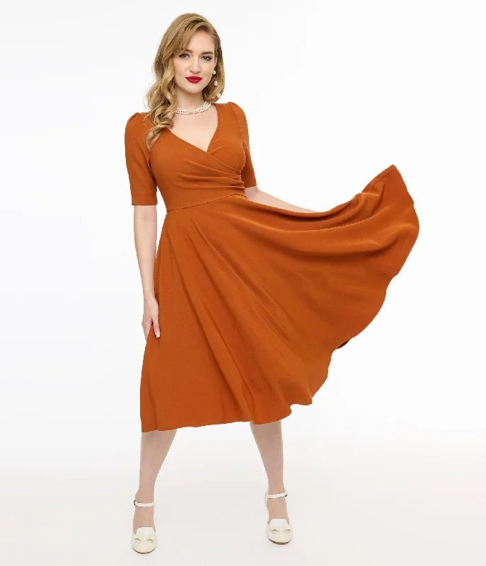 accordion maxi dress-Voodoo Vixen 1950s Orange Wrapover Swing Dress