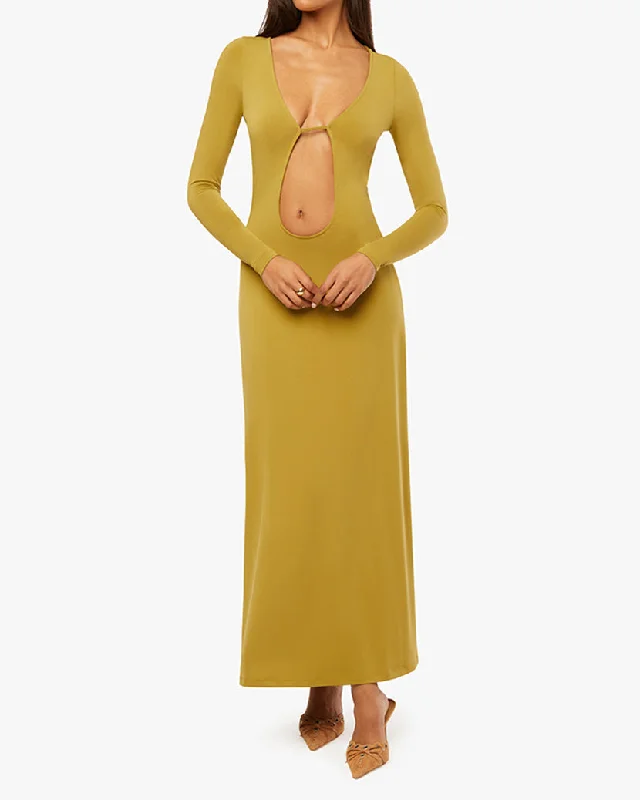 sunny yellow dress-Long Sleeve Cutout Maxi Dress | Willow