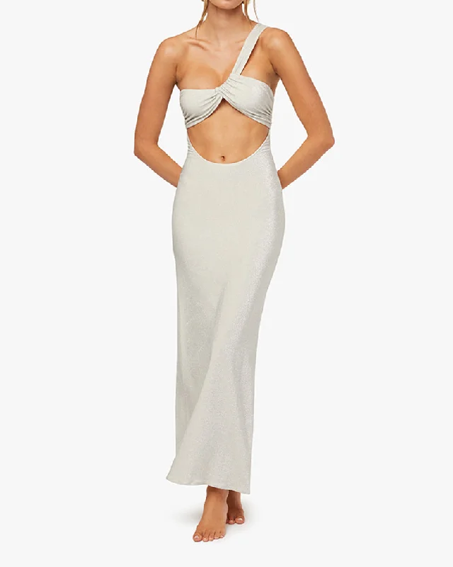 fitted midi dress-Ruched Asymmetrical Knit Maxi Dress | Off White