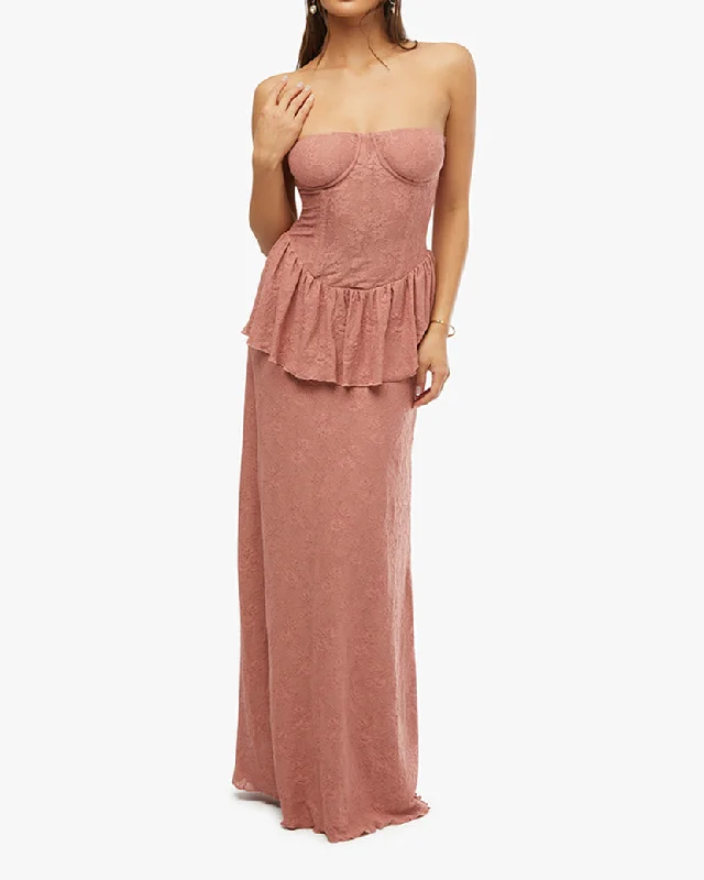 voluminous evening dress-Strapless Corset Peplum Maxi Dress | Desert Sand