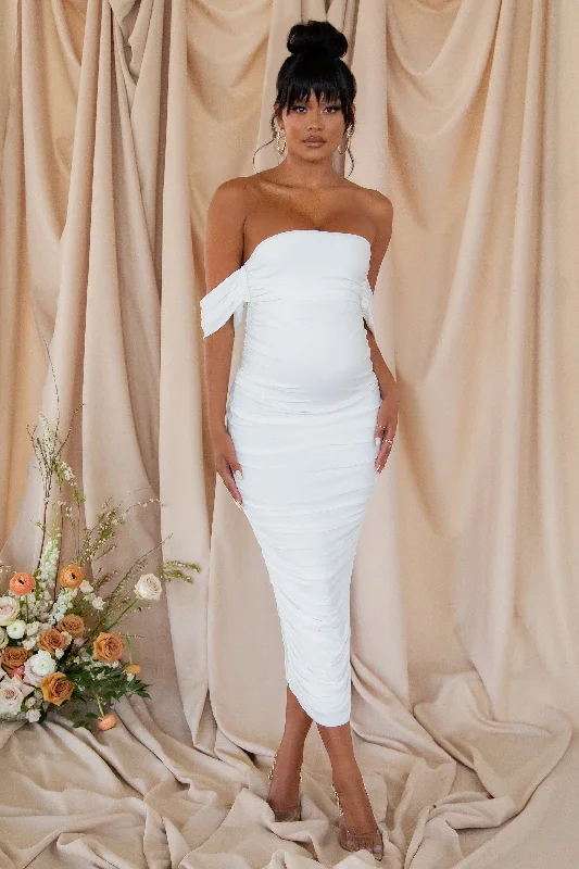 snow white sundress-Plus One | White Maternity Bardot Ruched Draped Midi Dress