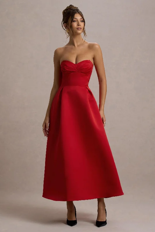 indigo evening dress-Wintour | Red Satin Sweetheart Midi Dress