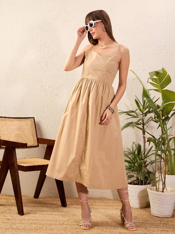 cozy evening dress-Women Beige Strappy Back Tie Midi Dress