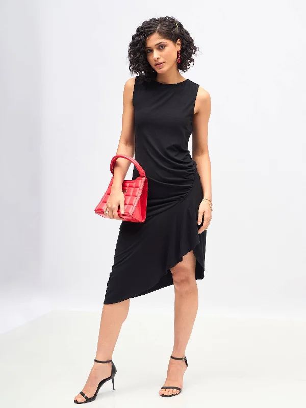 retro cocktail dress-Women Black Box Back Cascade Ruffle Midi Dress