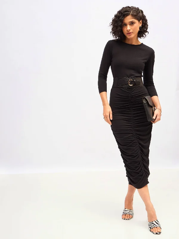 flared evening dress-Women Black Ruched Bodycon Midi Dress