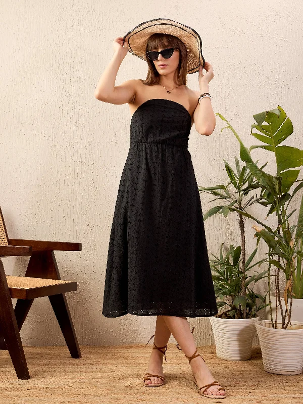 short ruffled dress-Women Black Schiffli Corset Midi Dress