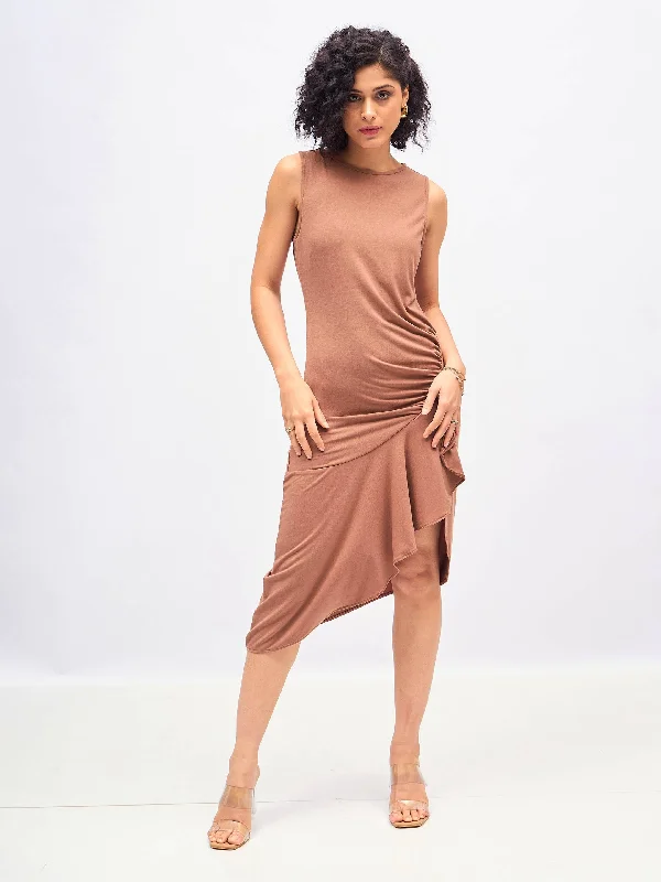 cinched cocktail dress-Women Brown Box Back Cascade Ruffle Midi Dress