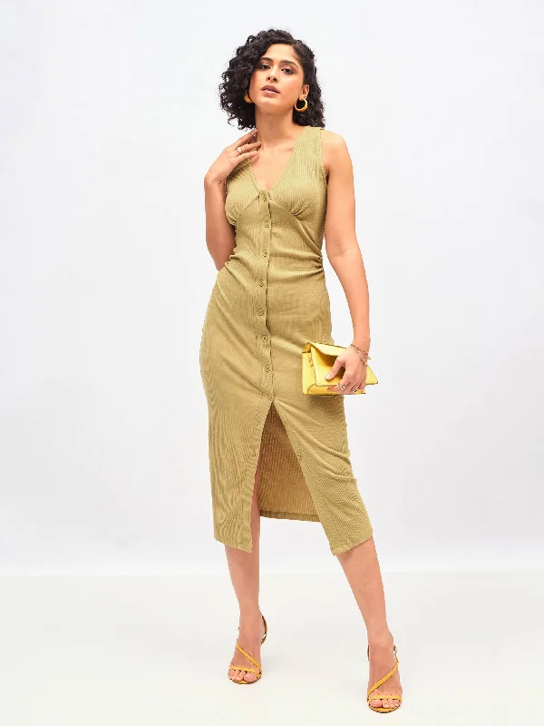 jet black sundress-Women Khaki Rib Front Button Bodycon Midi Dress