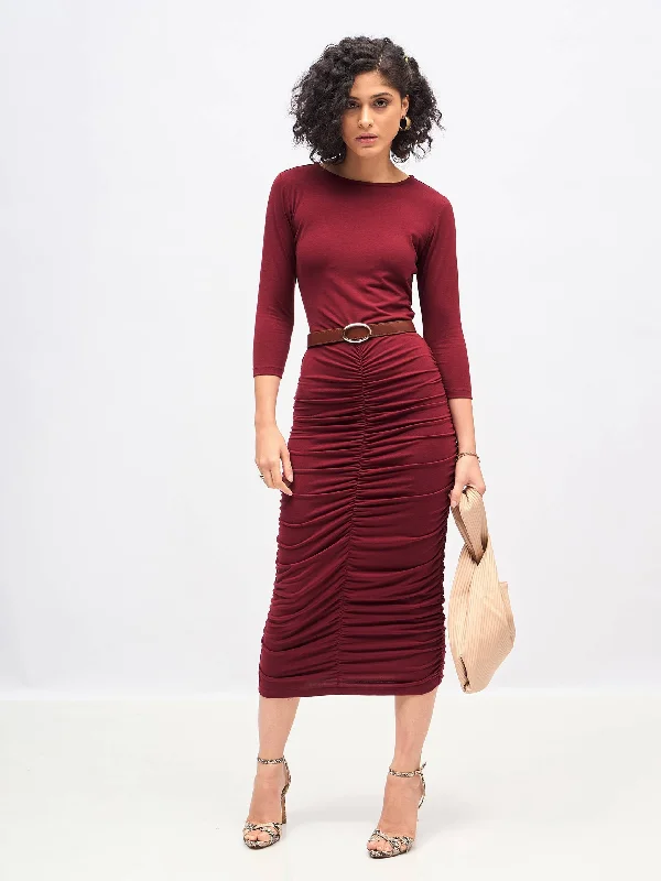 tartan maxi dress-Women Maroon Ruched Bodycon Midi Dress