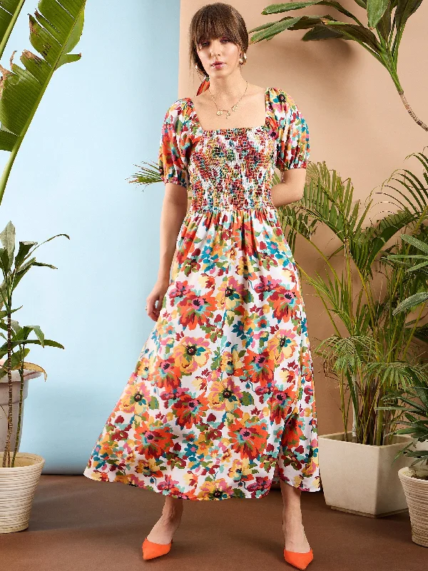 single strap dress-Women Orange Floral Puff Sleeves A-Line Midi Dress