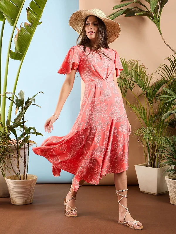 voluminous tulle dress-Women Peach Floral Asymmetric Hem Midi Dress