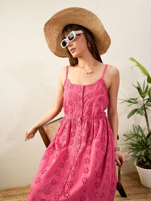 hand-stitched dress-Women Pink Schiffli Strappy Midi Dress