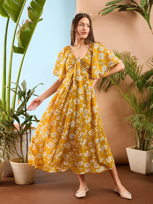 charcoal grey dress-Women Yellow Floral Front Tie Midi Dress