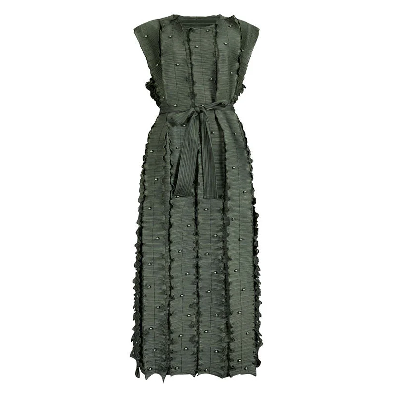 tropical midi dress-Wonderful Round Neck Beaded Detail Belted Ruffled Sleeveless Pleated Midi Dress