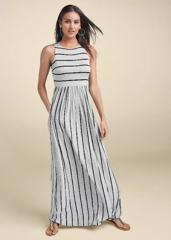 breezy midi dress-Casual Maxi Dress - Heather Grey & Black