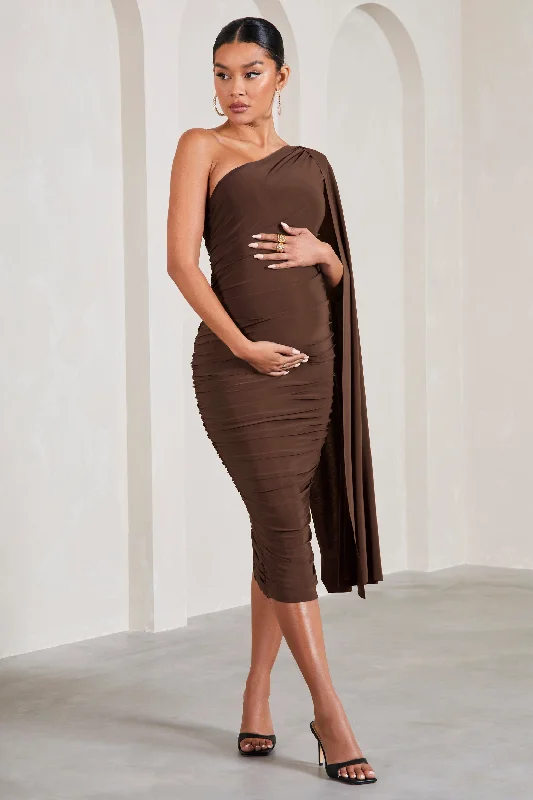 sunny yellow cocktail dress-Yara | Chocolate Maternity One Sleeve Ruched Maternity Midi Dress with Cape Sleeve