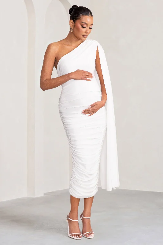 cocoa brown cocktail dress-Yara | White One Sleeve Ruched Maternity Midi Dress with Cape Sleeve