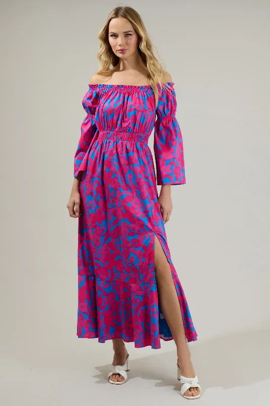 paisley sundress-Yeraldi Berry Tropics Off the Shoulder Bell Sleeve Midi Dress