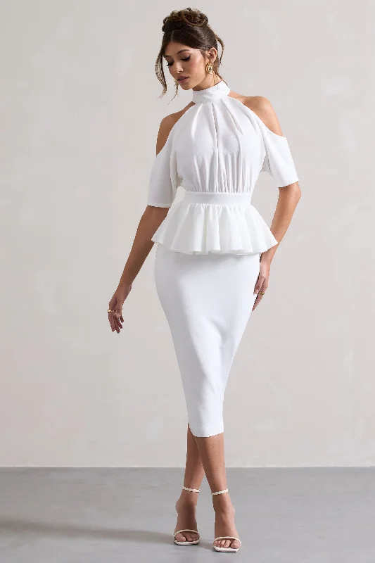 faux leather cocktail dress-Yves | White High-Neck Cut-Out Midi Dress With Peplum Waist