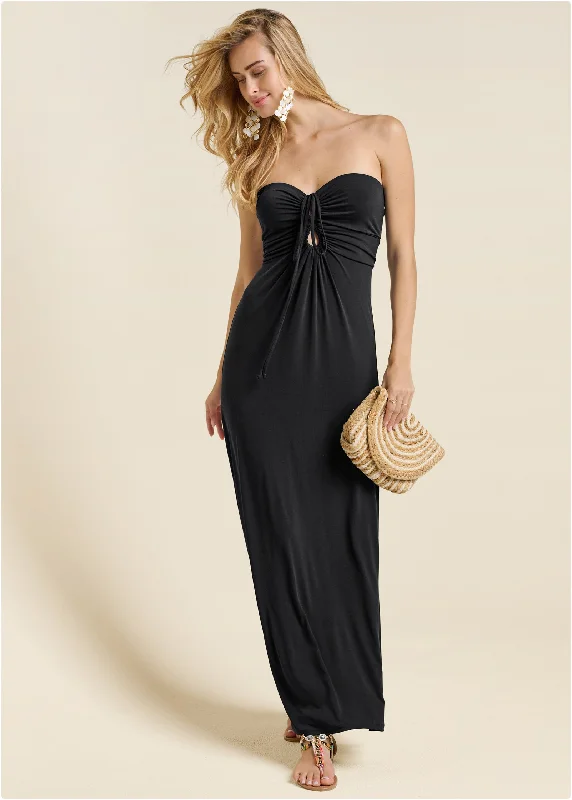 festive satin dress-Convertible Maxi Dress - Black