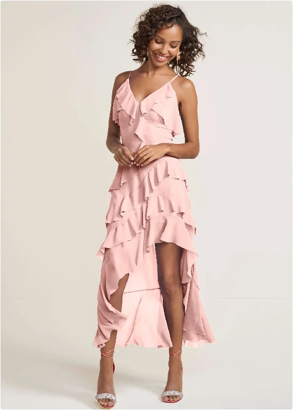 aqua evening dress-High-Low Ruffle Maxi Dress - Pink