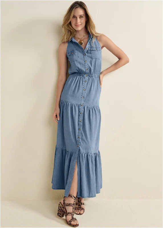 tartan shirt dress-Chambray Tiered Maxi Dress  - Medium Wash