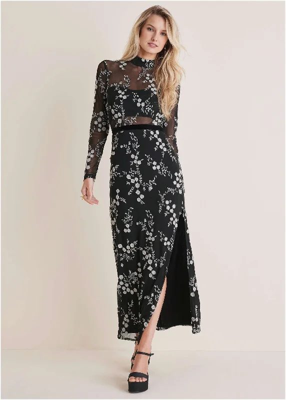 casual silk dress-Embroidered Floral Maxi - Black