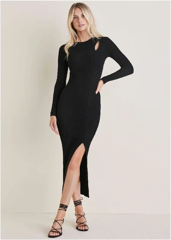 faux leather midi dress-Ribbed Maxi Sweater Dress - Black