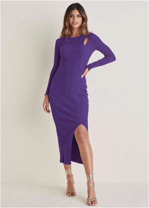 bell sleeve maxi dress-Ribbed Maxi Sweater Dress - Violet Indigo