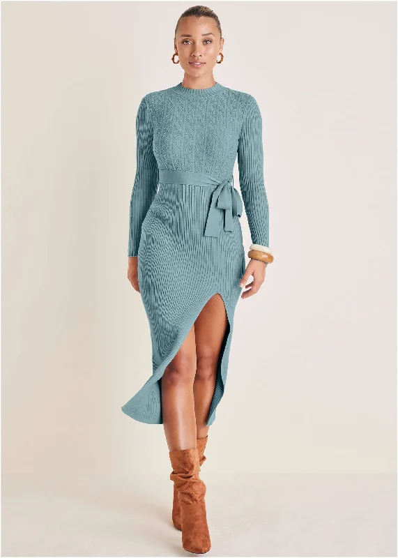 mesh sleeve dress-Belted Maxi Sweater Dress - Tourmaline