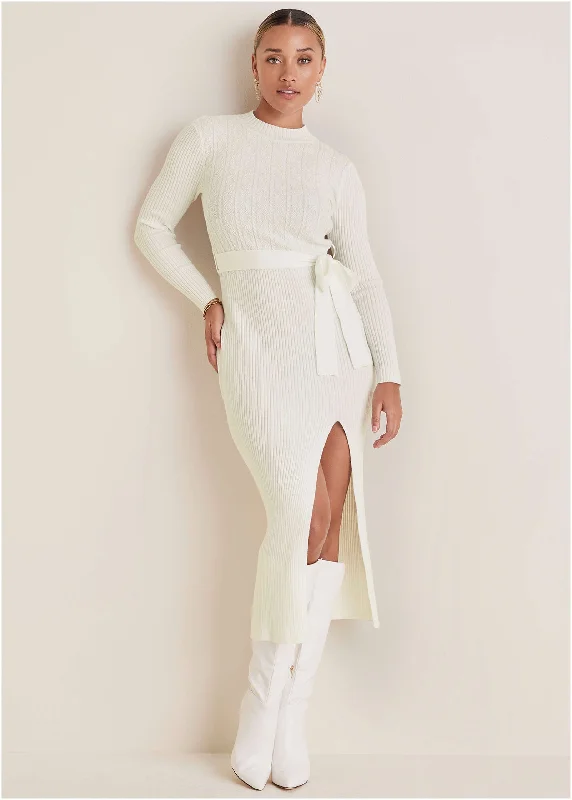 fishtail prom dress-Belted Maxi Sweater Dress - Off White