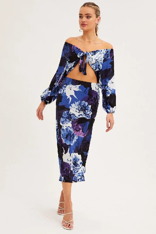 smocked flared skirt-Abstract Print Slip Skirt Midi Satin