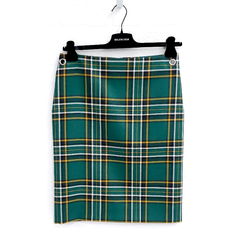 chevron midi skirt-BALENCIAGA GREEN PLAID SKIRT ($1540) - SIZE 36