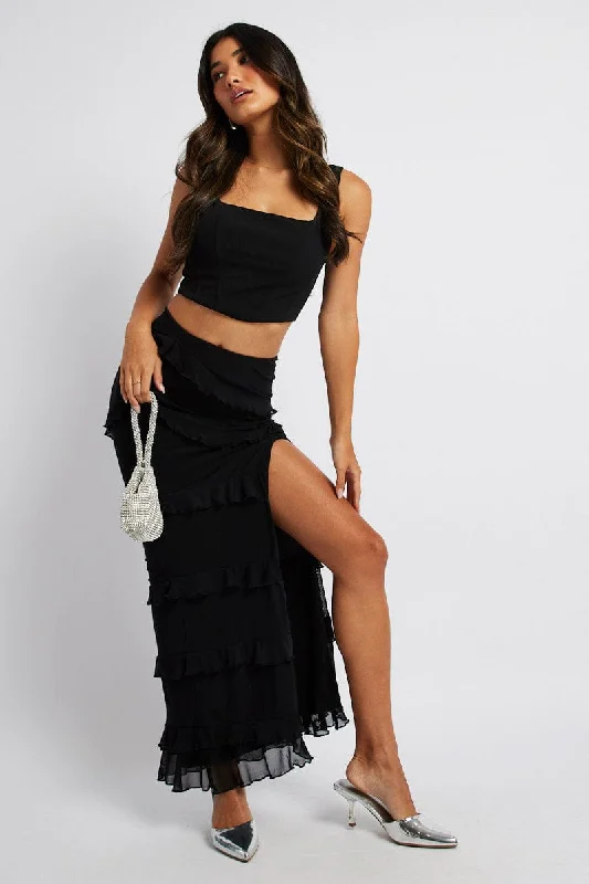 casual pleated skirt-Black Maxi Skirt Mesh Frilled Mesh